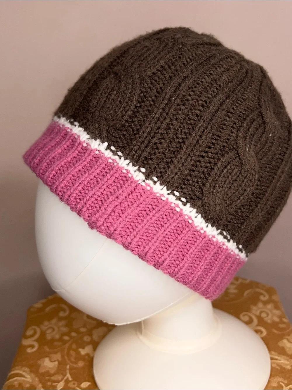 Set Of 2 Carhartt Beanie Knit Hats Women Brown Pink Blue Fleece Lined Cable Knit